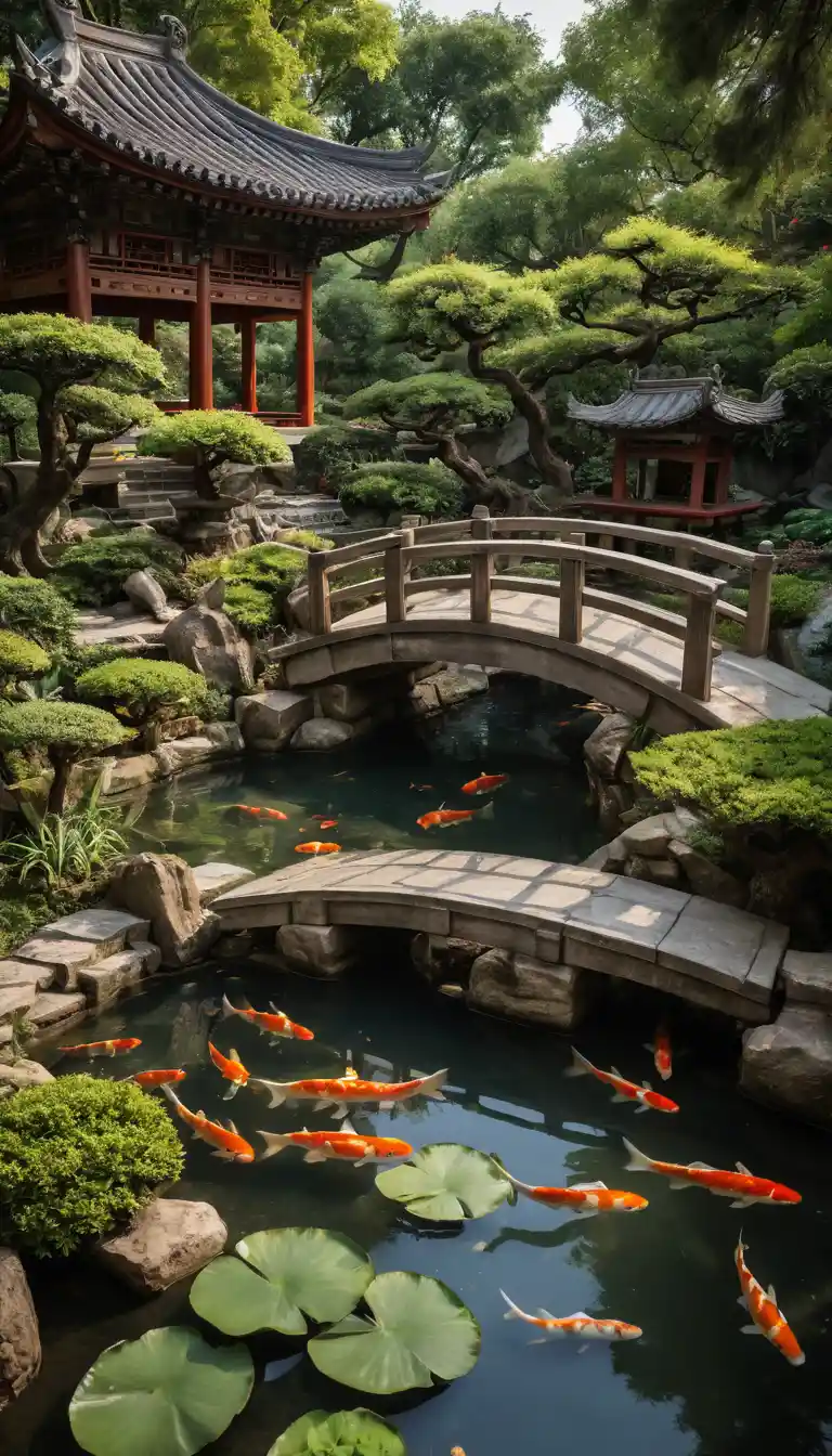 Un tranquillo laghetto con carpe koi in un antico giardino asiatico