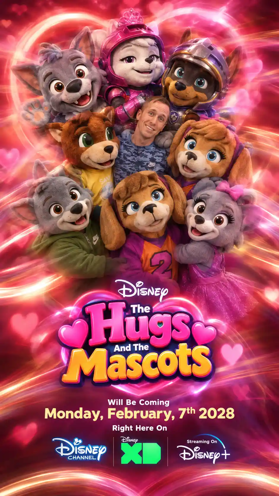 Um homem adulto compartilha momentos carinhosos com nove mascotes