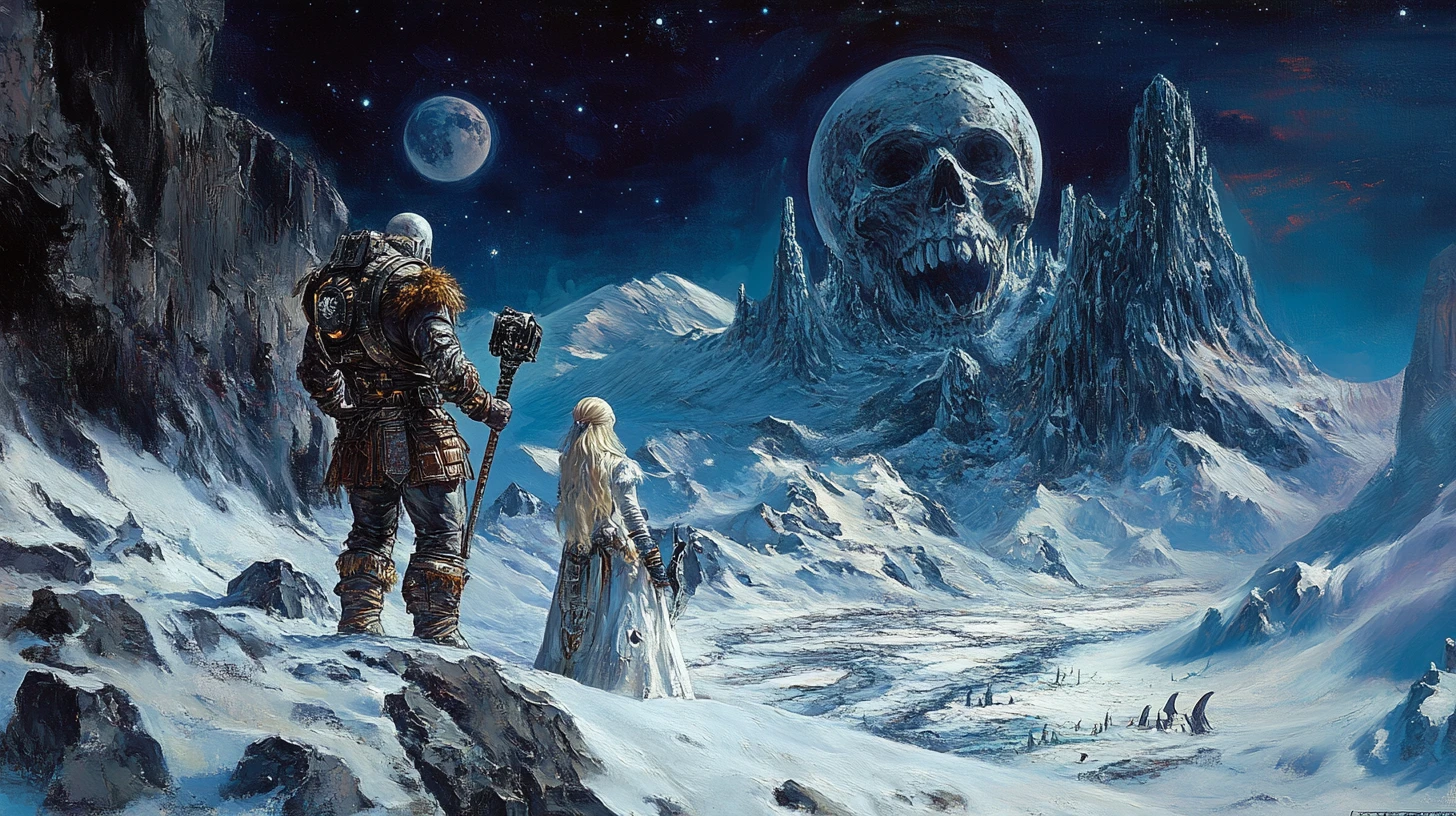 Um bárbaro espacial observa um vale nevado numa montanha alienígena