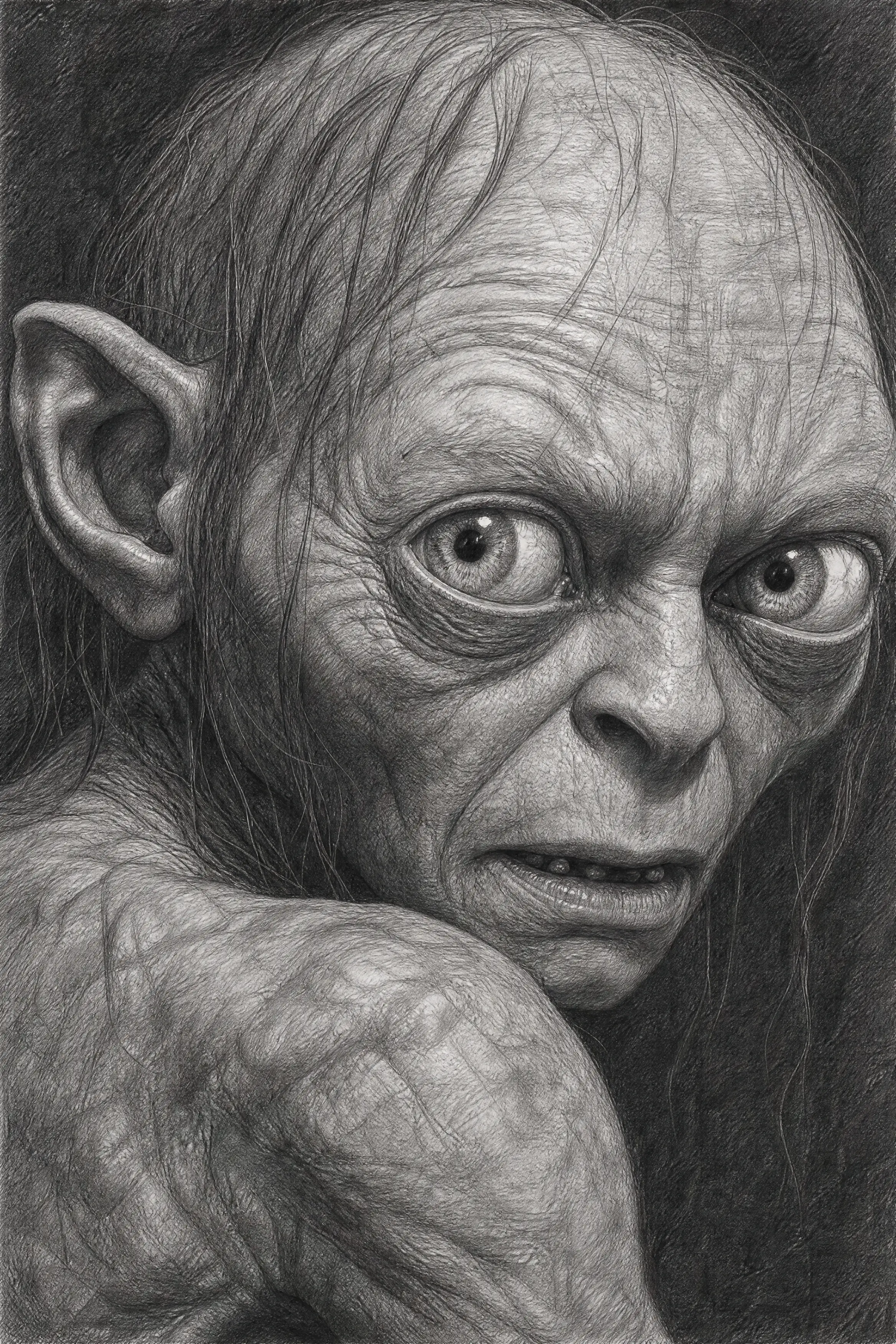 Gollum’s Wide Eyes Anchor A Close-Up Graphite Portrait