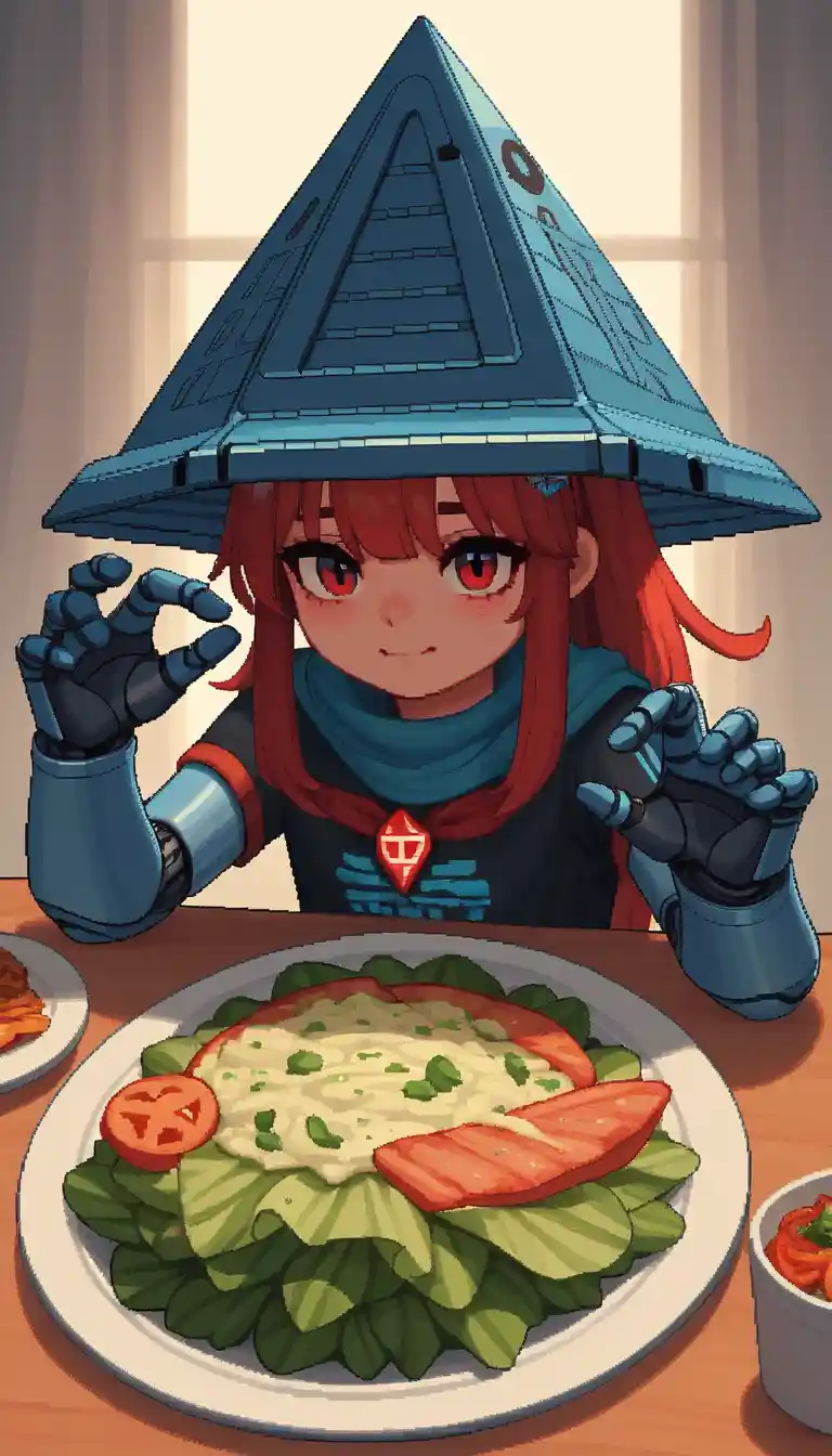 Pixel art achievement badge with a girl beside a cybernetic pyramid