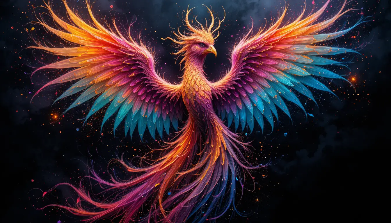 Ein mythischer Phönix, umgeben von leuchtender Farbe und wirbelndem Staub