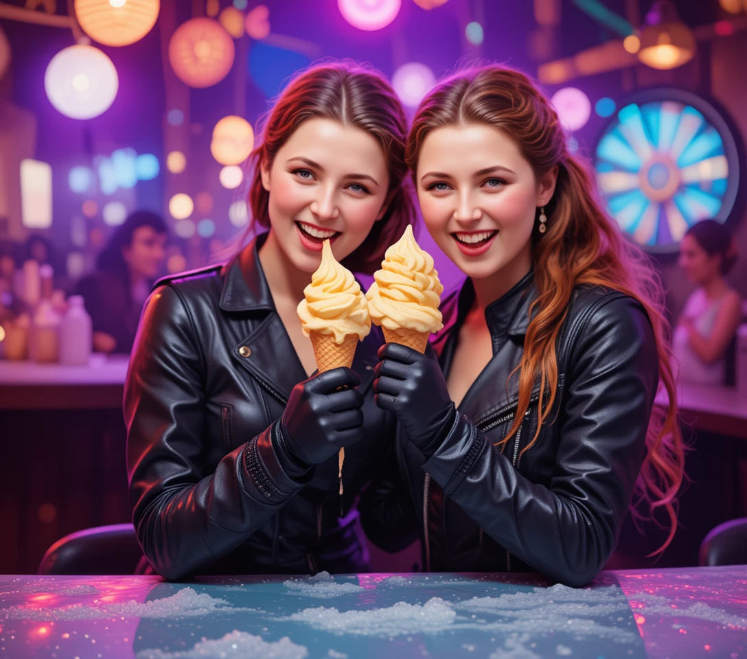 Duas mulheres vestidas de couro saboreiam gelado sob luzes de discoteca coloridas