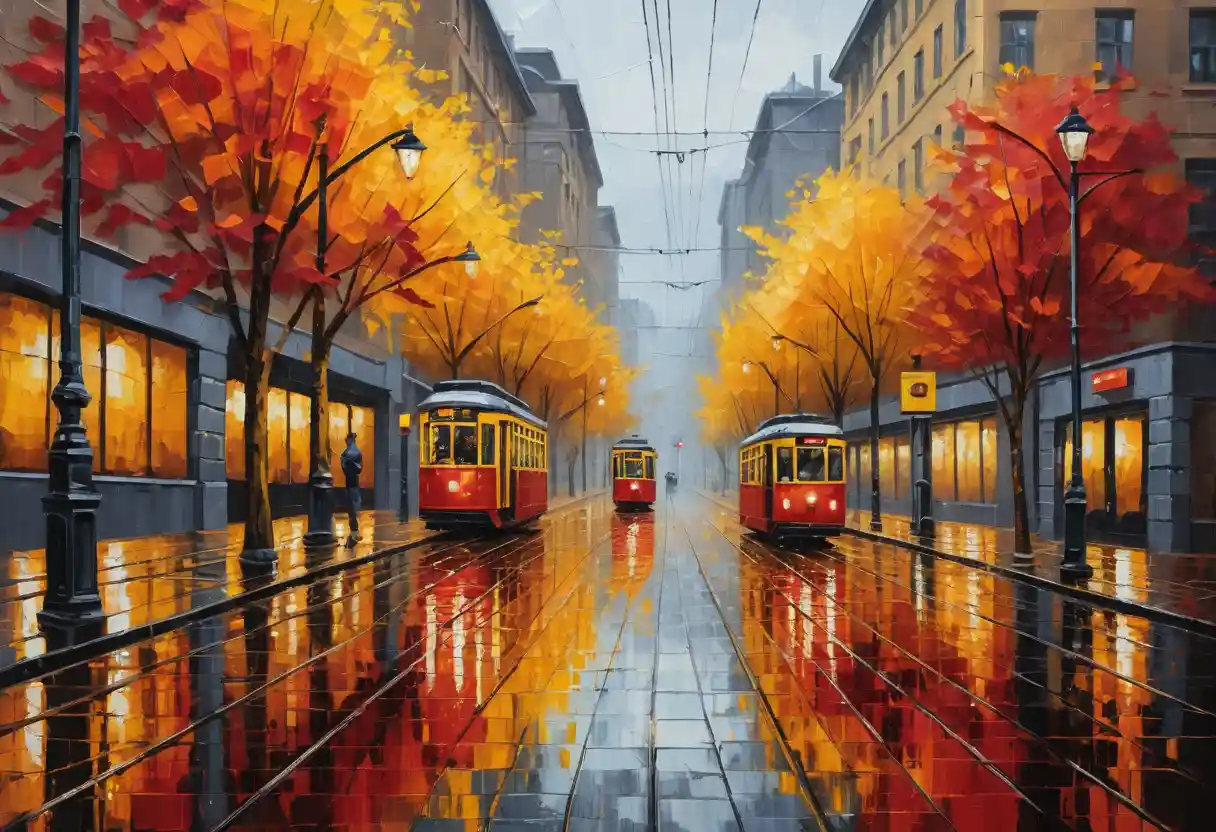 Un tramway rouge approche dans une rue urbaine pluvieuse en automne