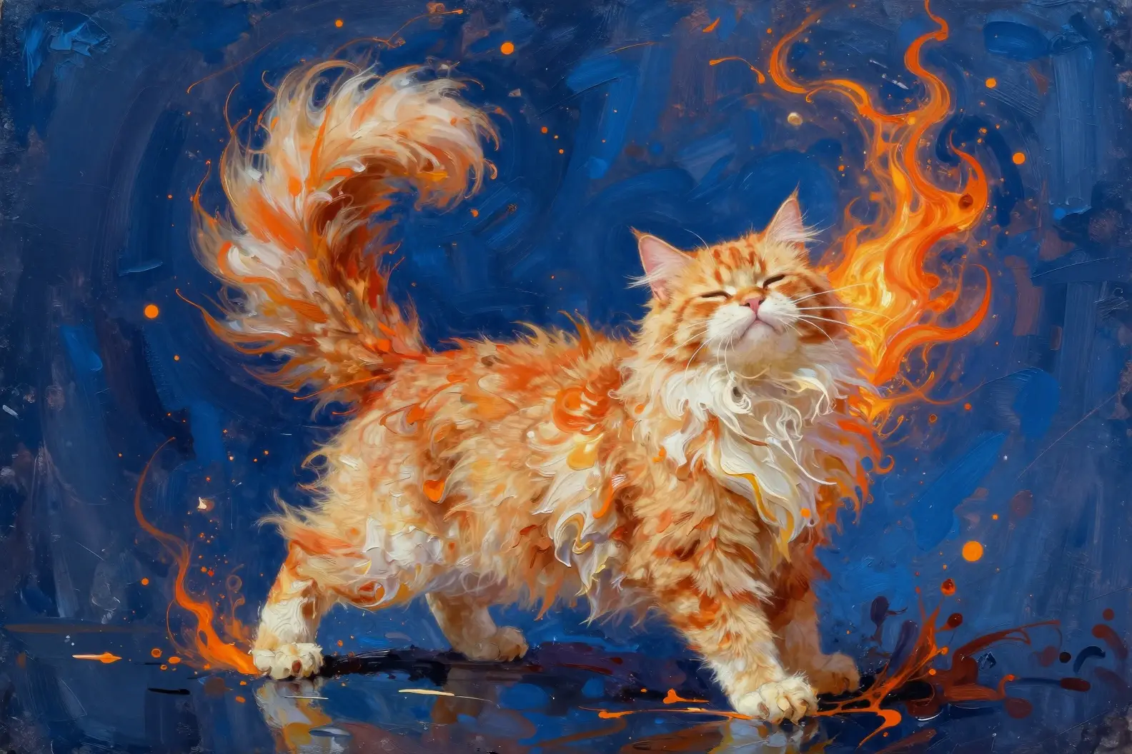 Un esponjoso gato naranja se estira frente a un vibrante fondo azul abstracto