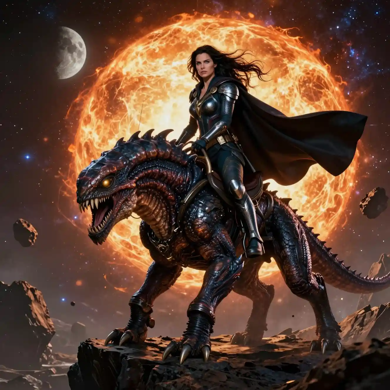 Super-heroína sem máscara cavalga uma fera alienígena espinhosa em um penhasco rochoso no espaço