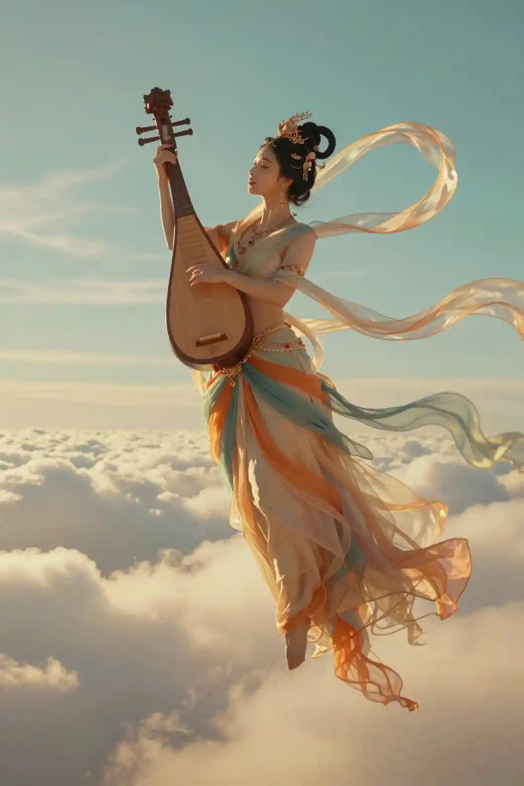 Una musicista celestiale suona il suo liuto sopra nuvole dorate
