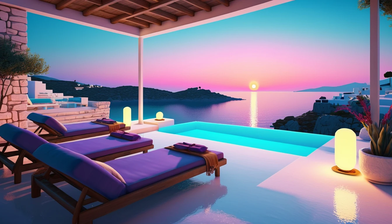 Uma villa grega à beira-mar com vista para uma piscina de pedra e uma gruta