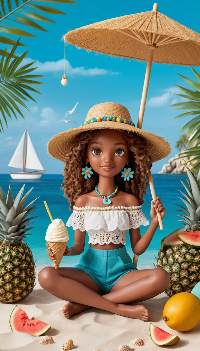 Une fille au look de poupée bohème assise dans un hamac au bord de l'océan tropical