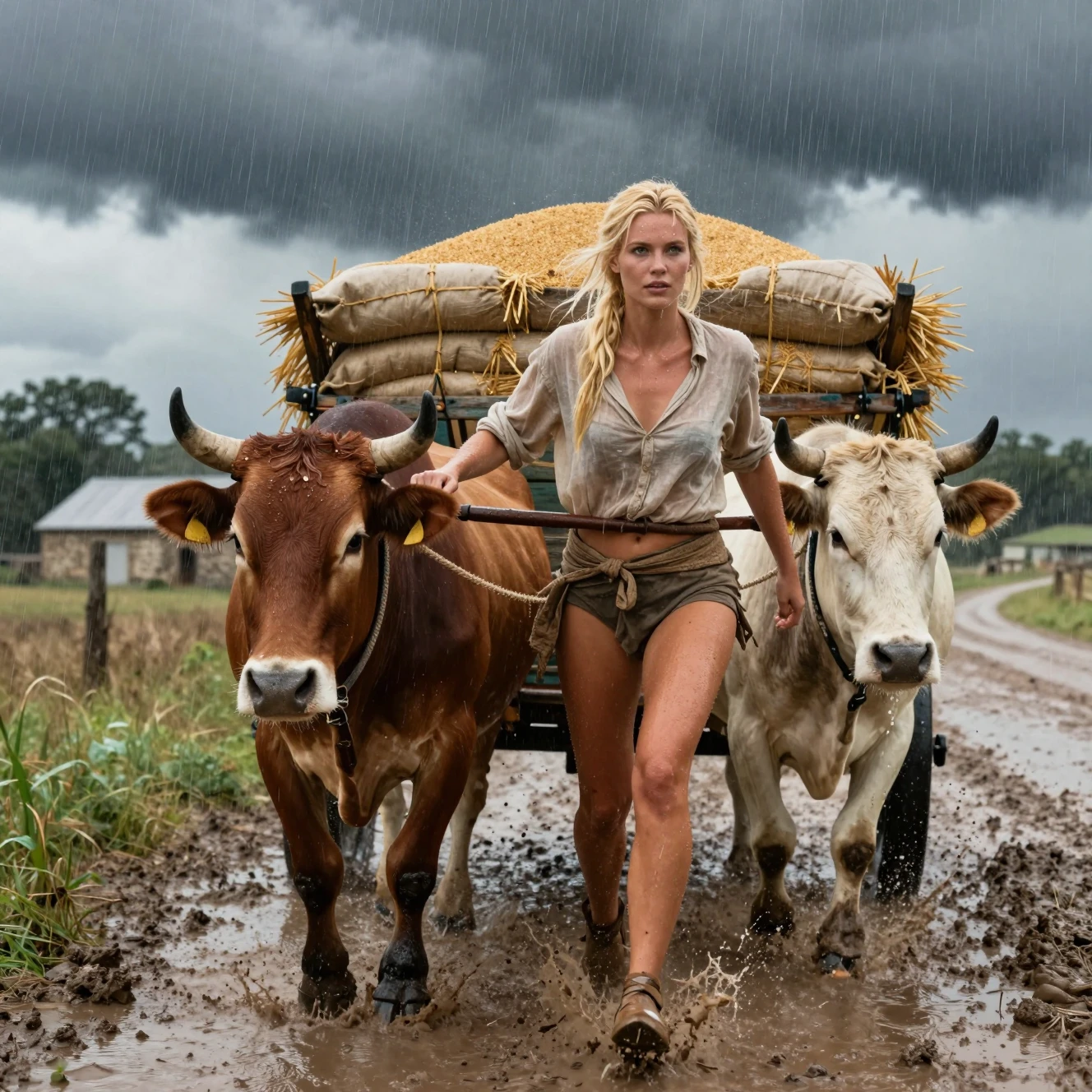 Une fermière blonde conduit une charrette à grains sous un orage