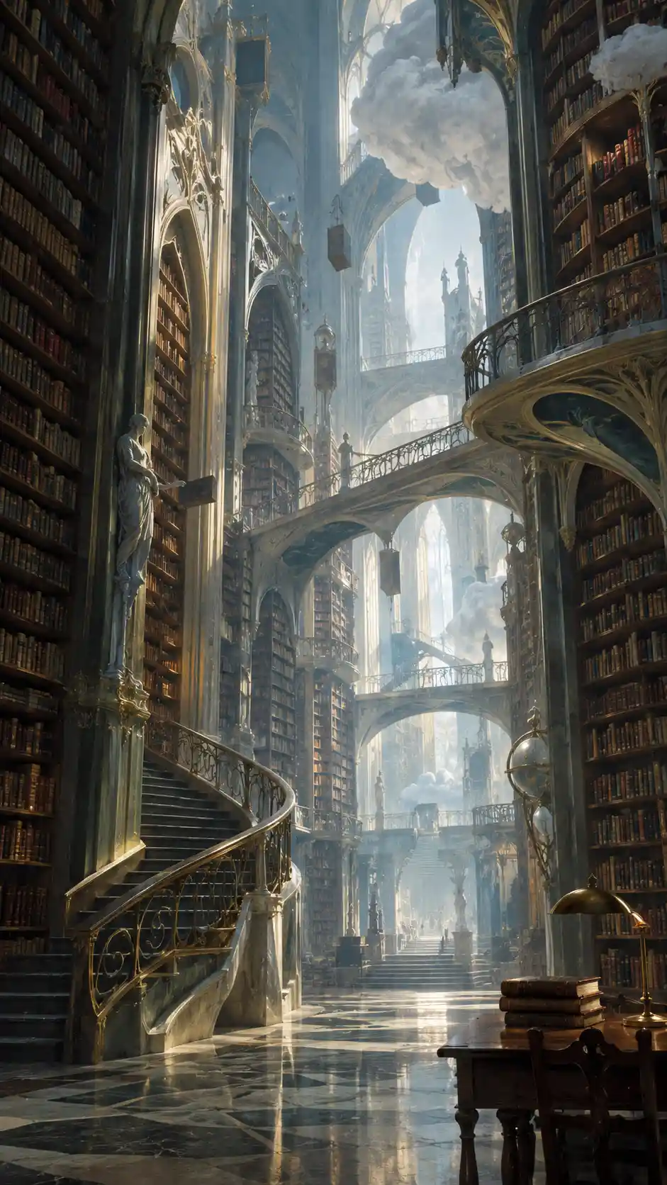 Uma colossal biblioteca antiga com estantes imponentes repletas de livros esquecidos