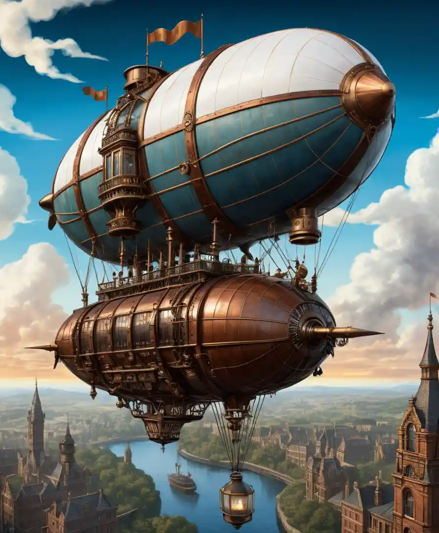 A Colossal Steampunk Dirigible Soars Above the Ground Beneath a Sunrise Sky