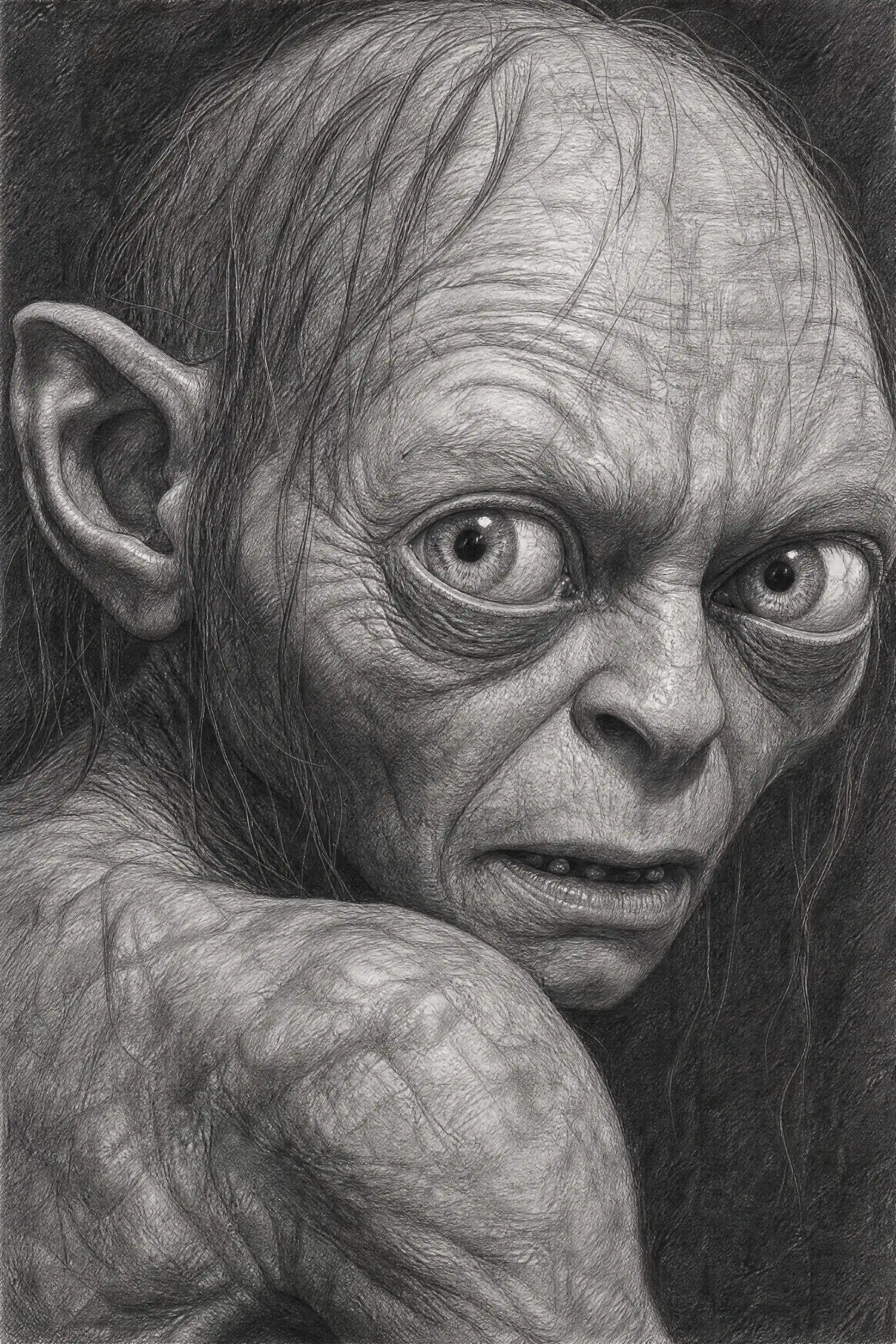 Os olhos arregalados de Gollum em destaque num retrato em grafite de perto