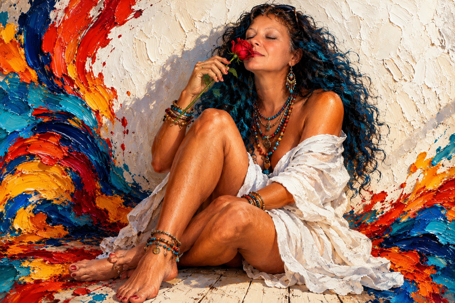 Young woman seated with a red rose against a textured white wall