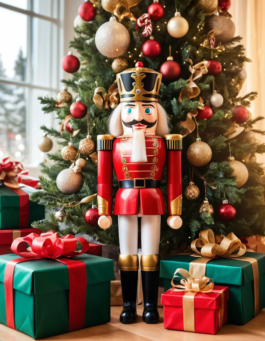 Um quebra-nozes de madeira está ao lado de presentes de Natal sob uma árvore decorada