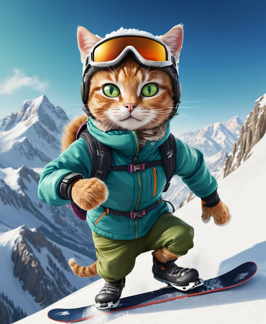 Um gato realista desce de snowboard uma montanha íngreme coberta de neve