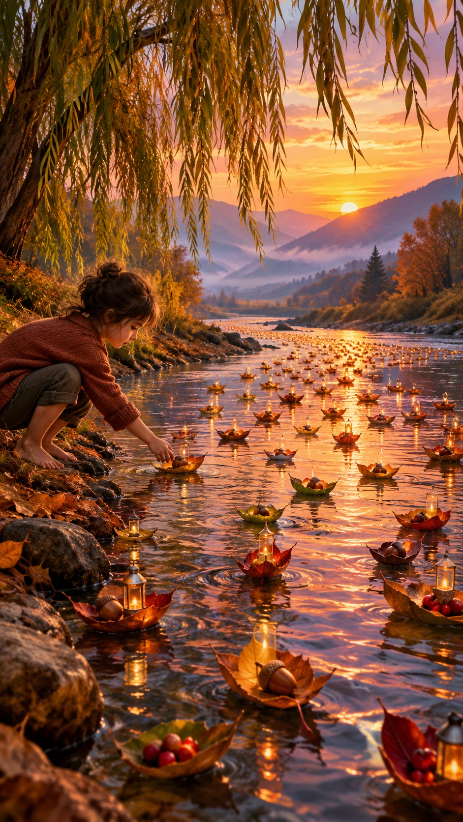 De minuscules bateaux de feuilles dérivent sur une rivière sinueuse au coucher du soleil