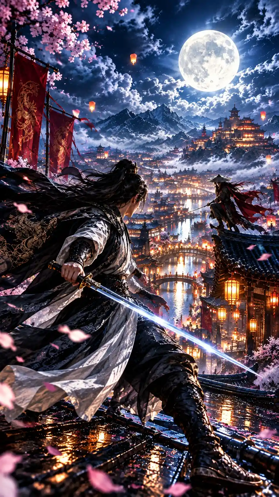 A lone warrior sweeps across ancient rooftops beneath the full moon