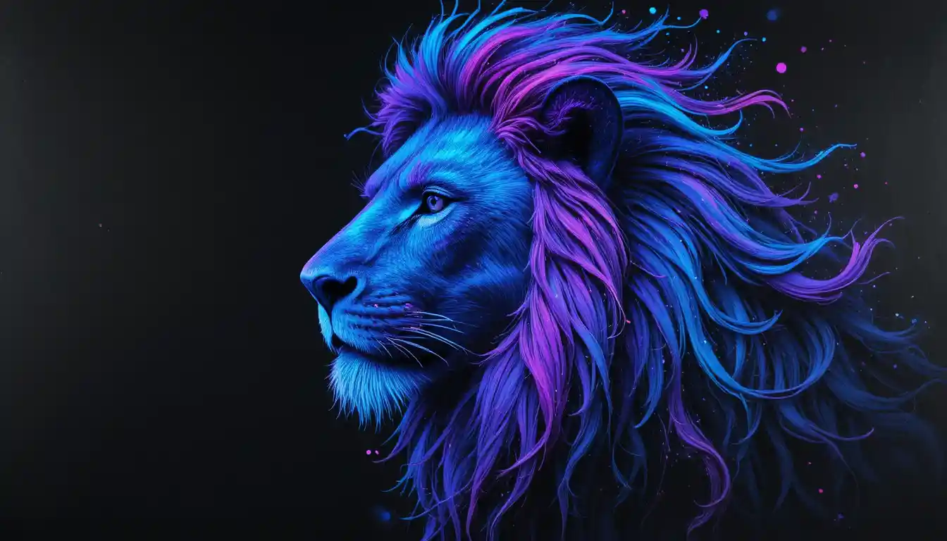 Una testa di leone dai colori pastello fluorescenti risplende su uno sfondo nero pece