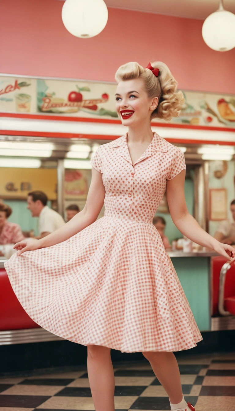 Uma jovem ri enquanto anda de patins ao estilo dos anos 1950
