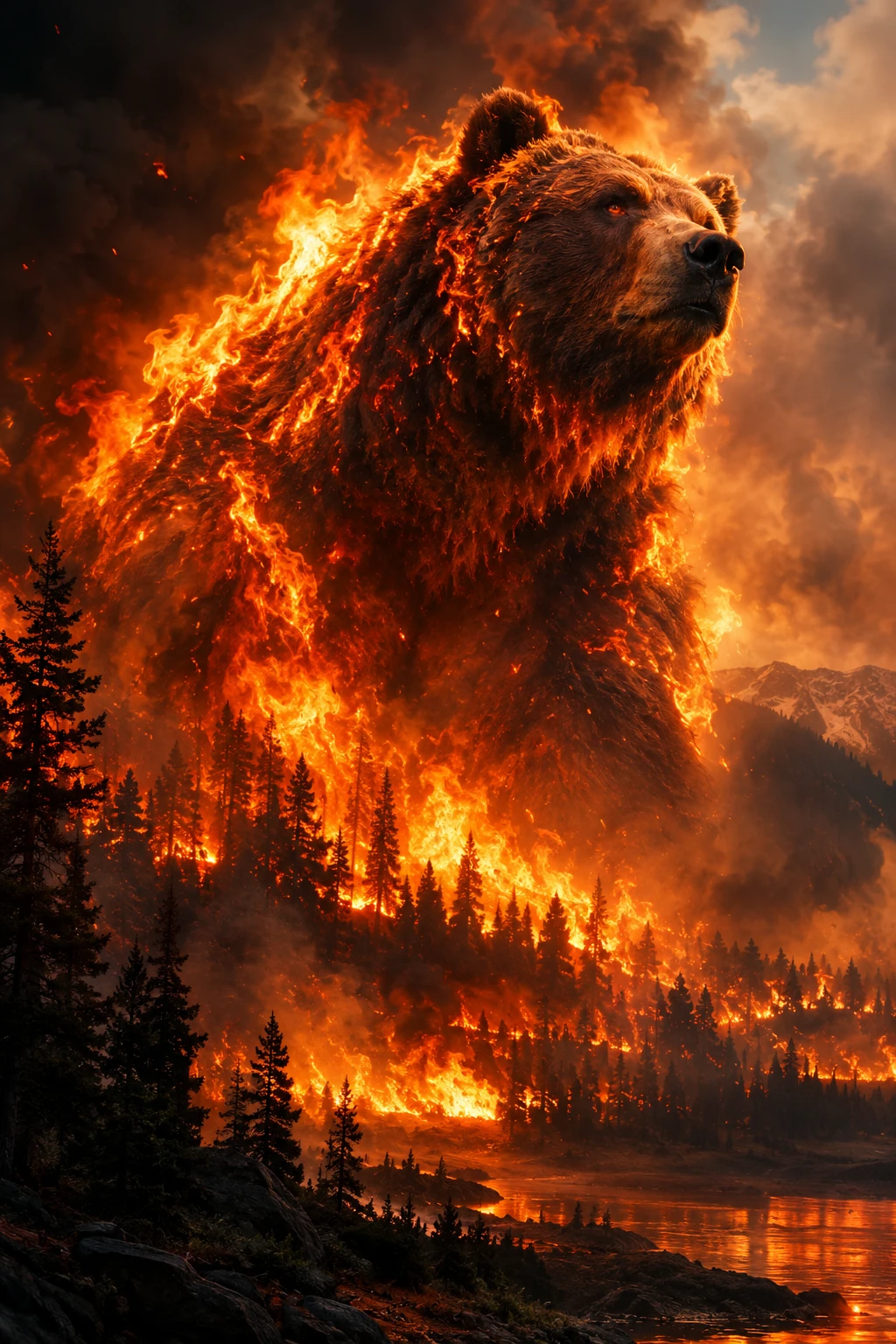 Un oso colosal emerge de las llamas de un devastador incendio forestal