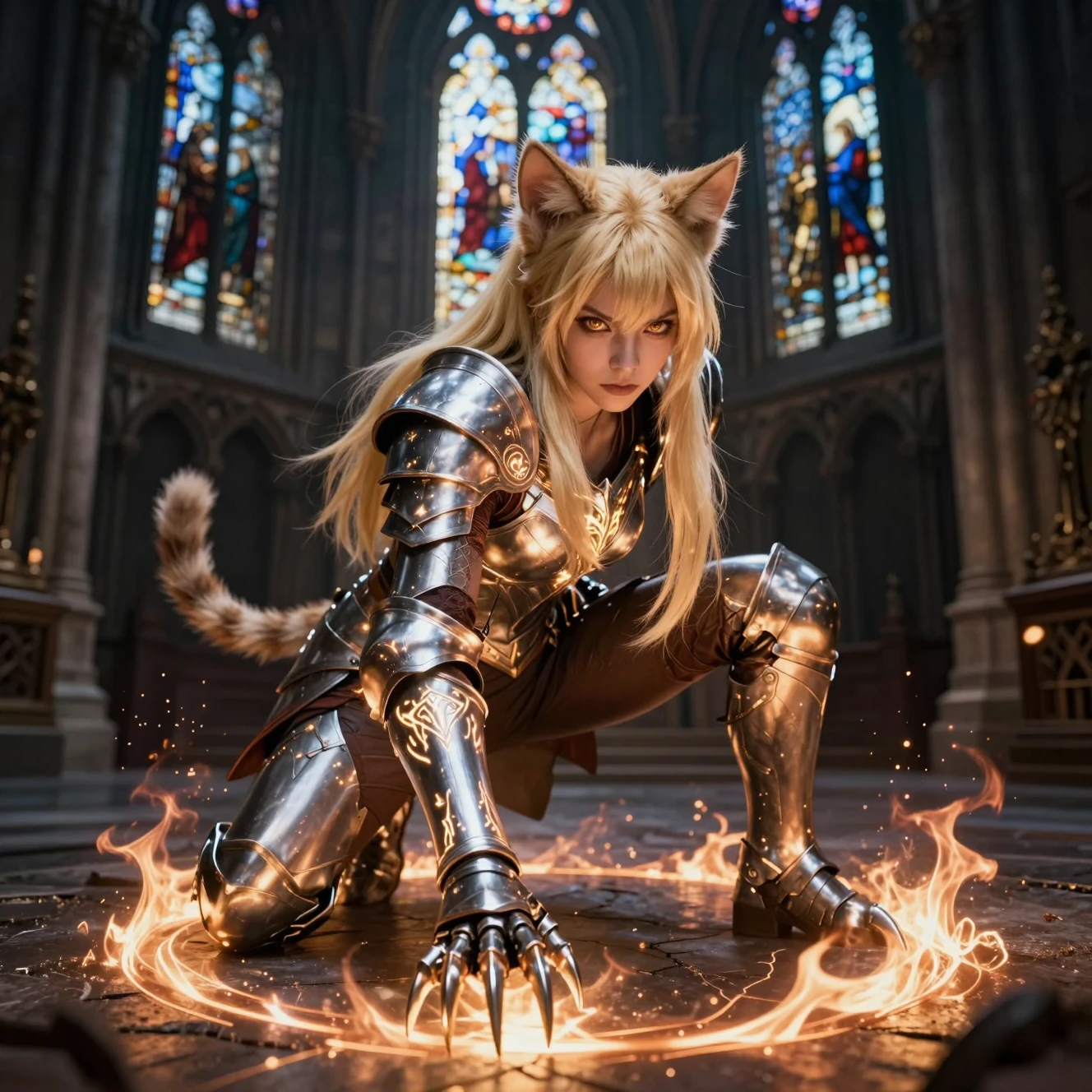 Guerreira loira com orelhas de gato agachada sob os vitrais de uma catedral gótica