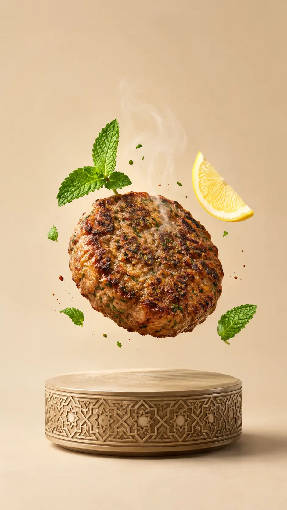 Um kebab shami flutua sobre uma plataforma ornamentada com hortelã e limão