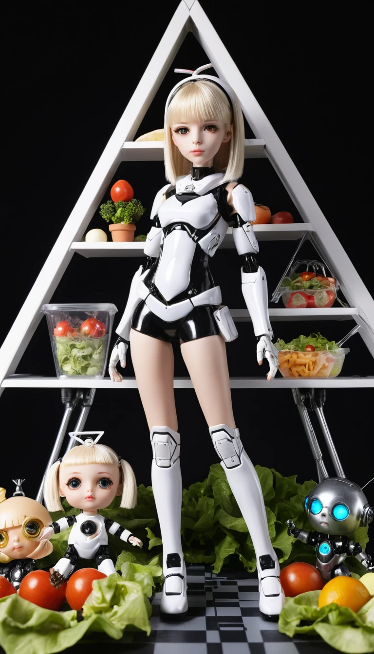 A young girl poses beside a cybernetic pyramid on an achievement badge