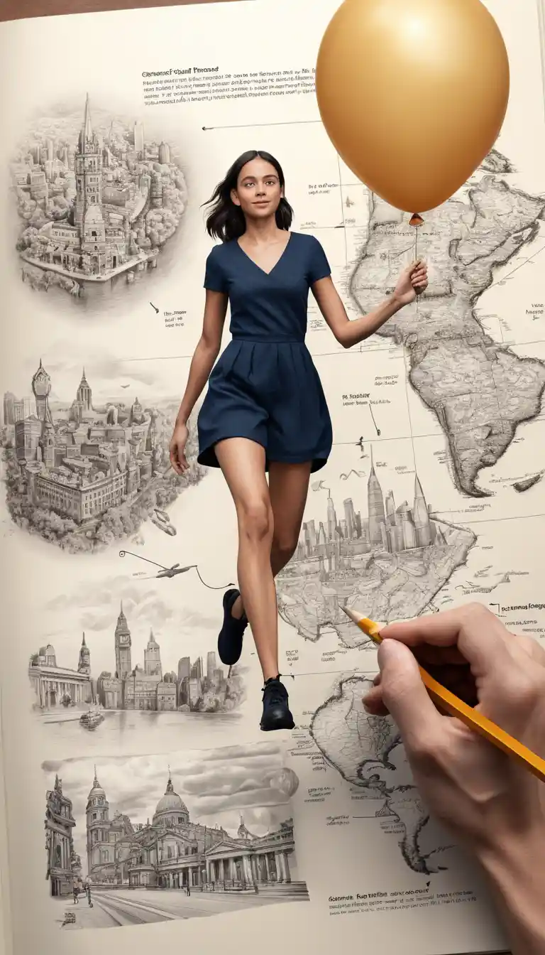 Une personne sort d'un carnet de croquis ouvert pour entrer dans un monde en trois dimensions