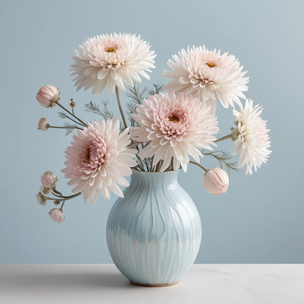 Pastel chrysanthemums bloom in a pearlescent seashell vase