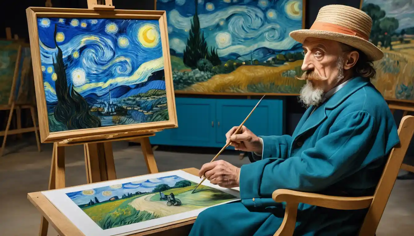 Painters create portraits in an open-air studio across a dreamlike landscape