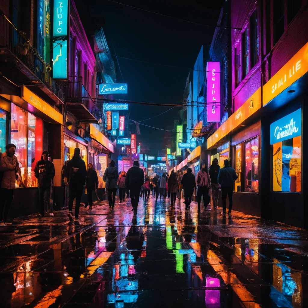 Reflexos de néon iluminam uma rua movimentada à noite