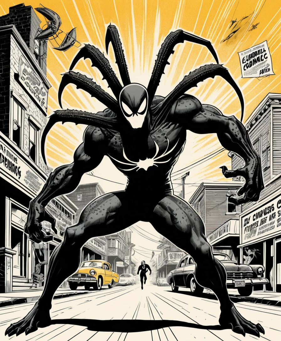 Um super-herói enfrenta uma criatura gigante parecida com uma aranha na rua principal de uma cidade