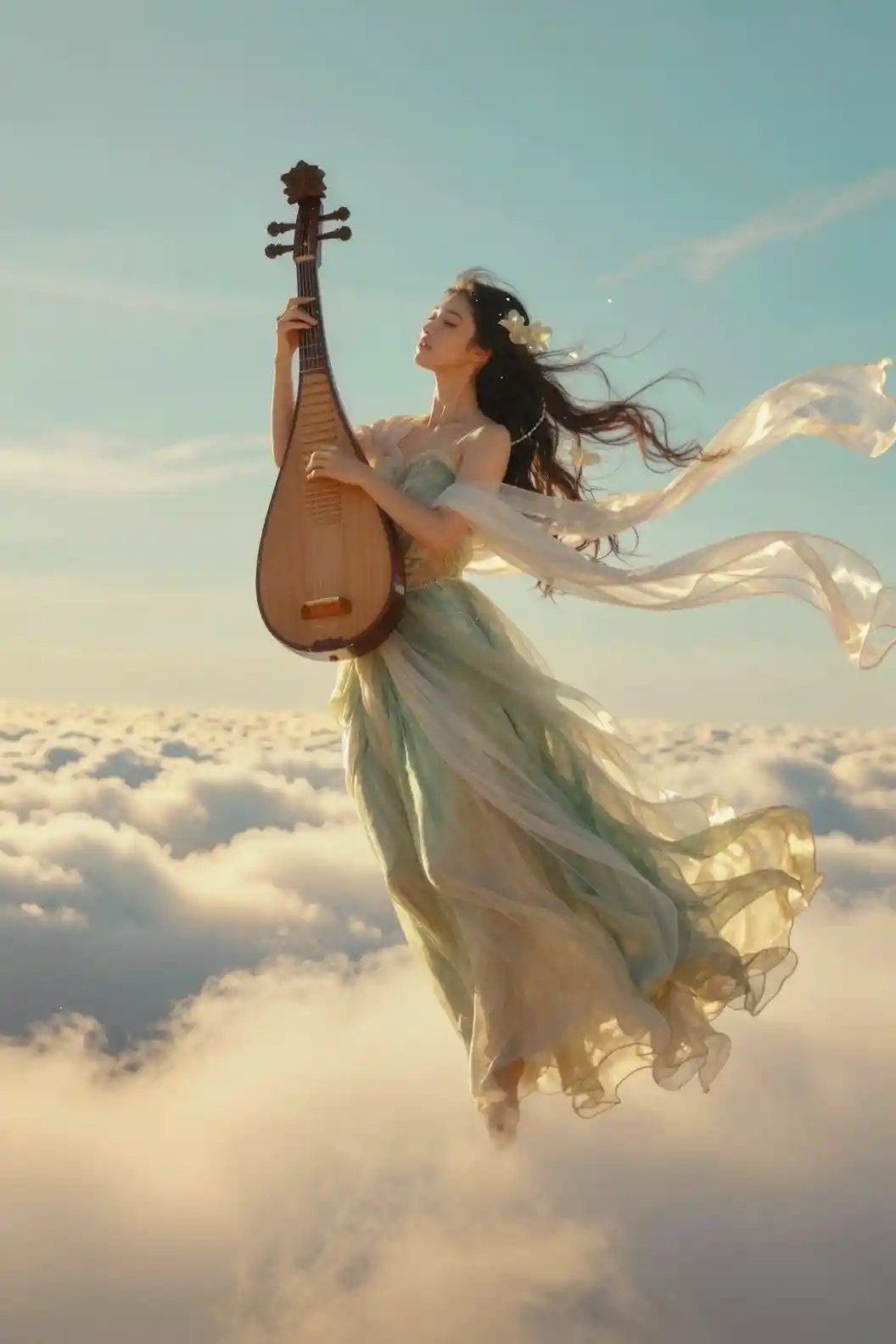 Uma musicista celestial toca alaúde sobre nuvens douradas