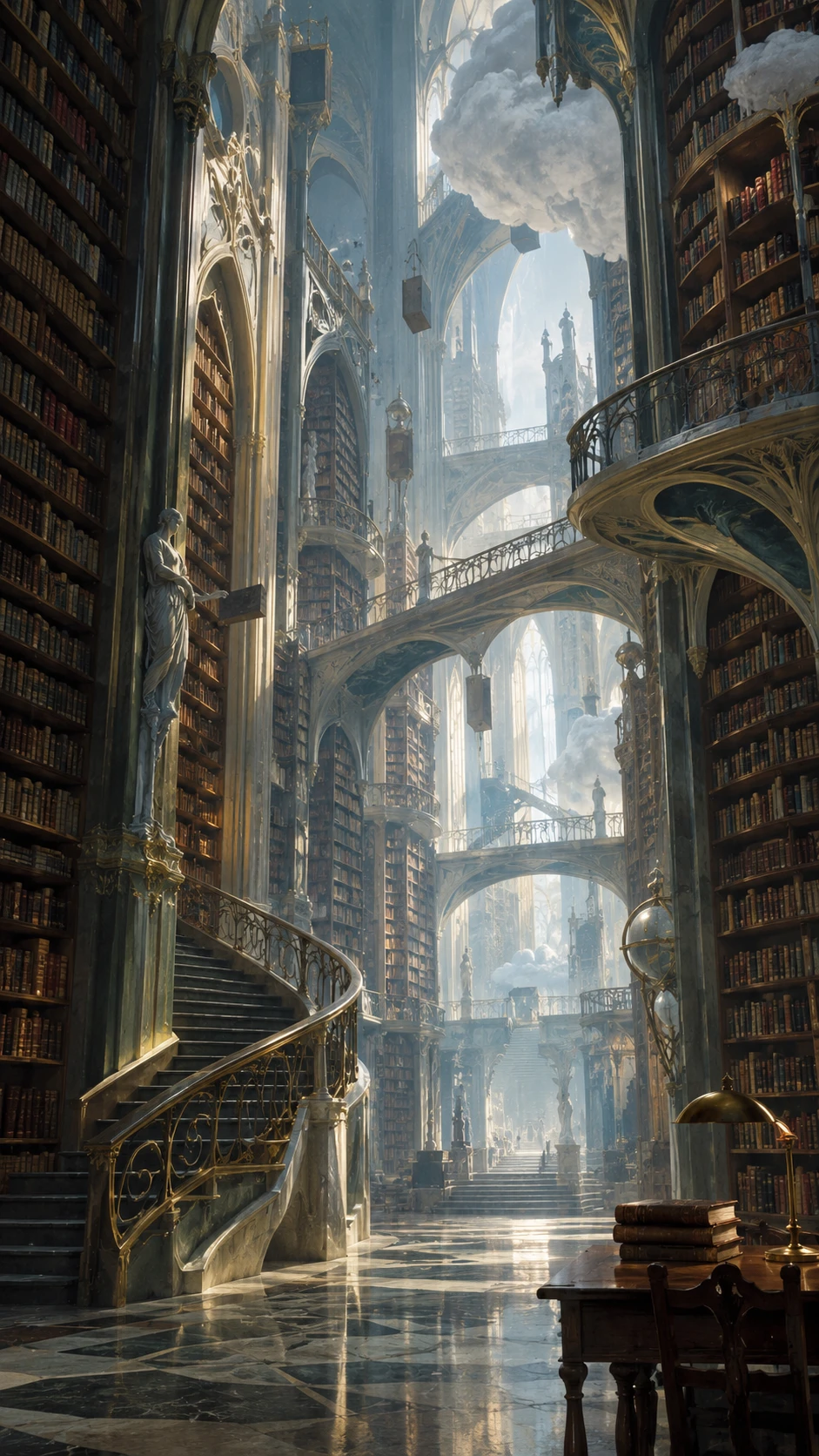Uma colossal biblioteca antiga com estantes imponentes repletas de livros esquecidos