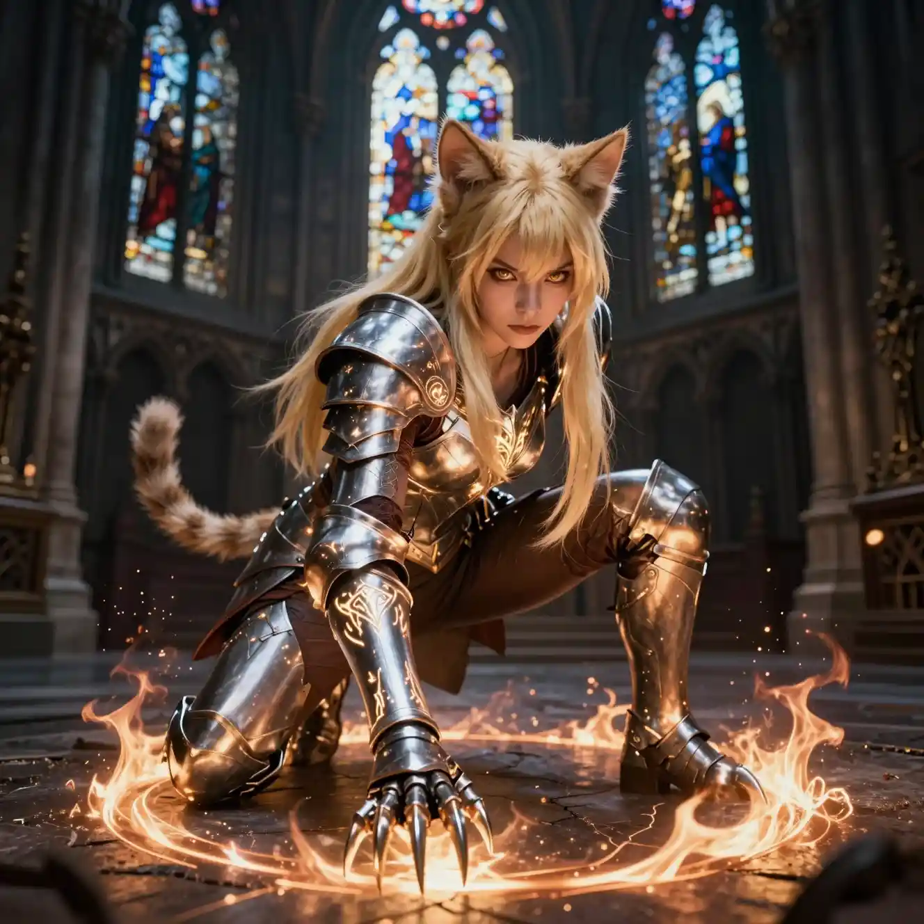 Blonde cat-eared warrior crouches beneath gothic cathedral stained glass