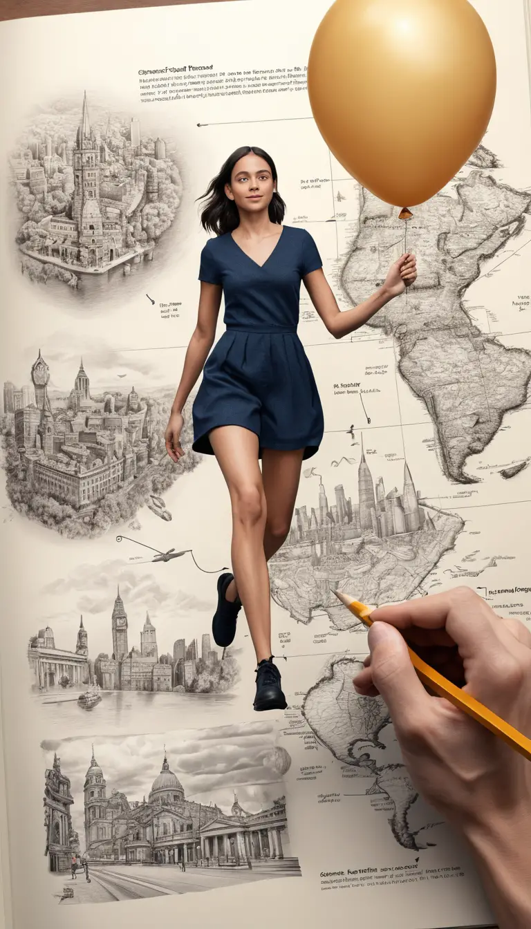 Une personne sort d'un carnet de croquis ouvert pour entrer dans un monde en trois dimensions