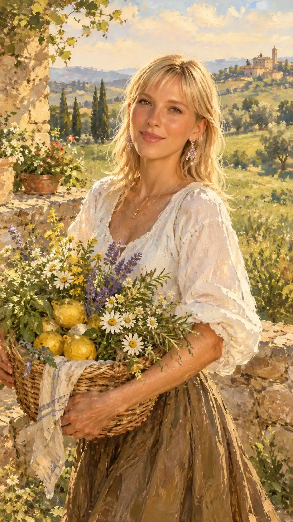 Eine junge Frau trägt einen Blumenkorb durch die italienische Landschaft