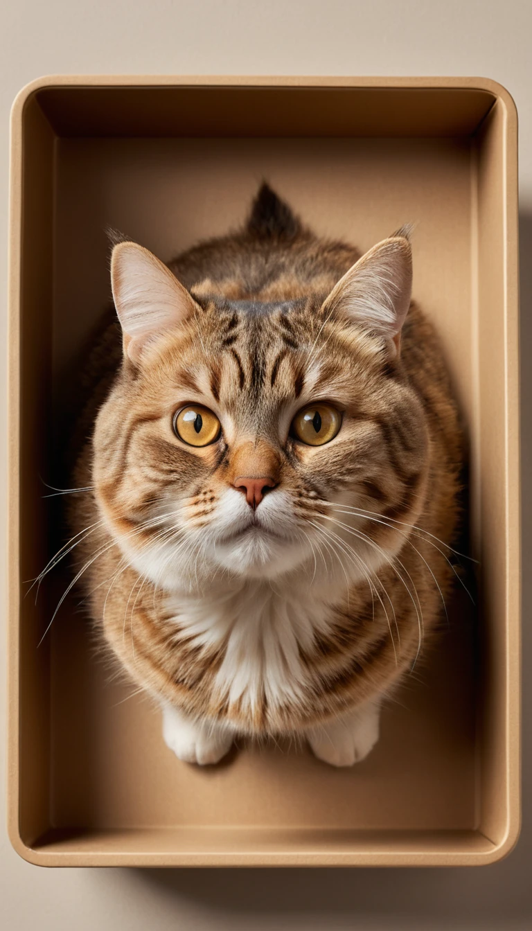 Um gato escocês malhado aconchegado numa bandeja de embalagem bege