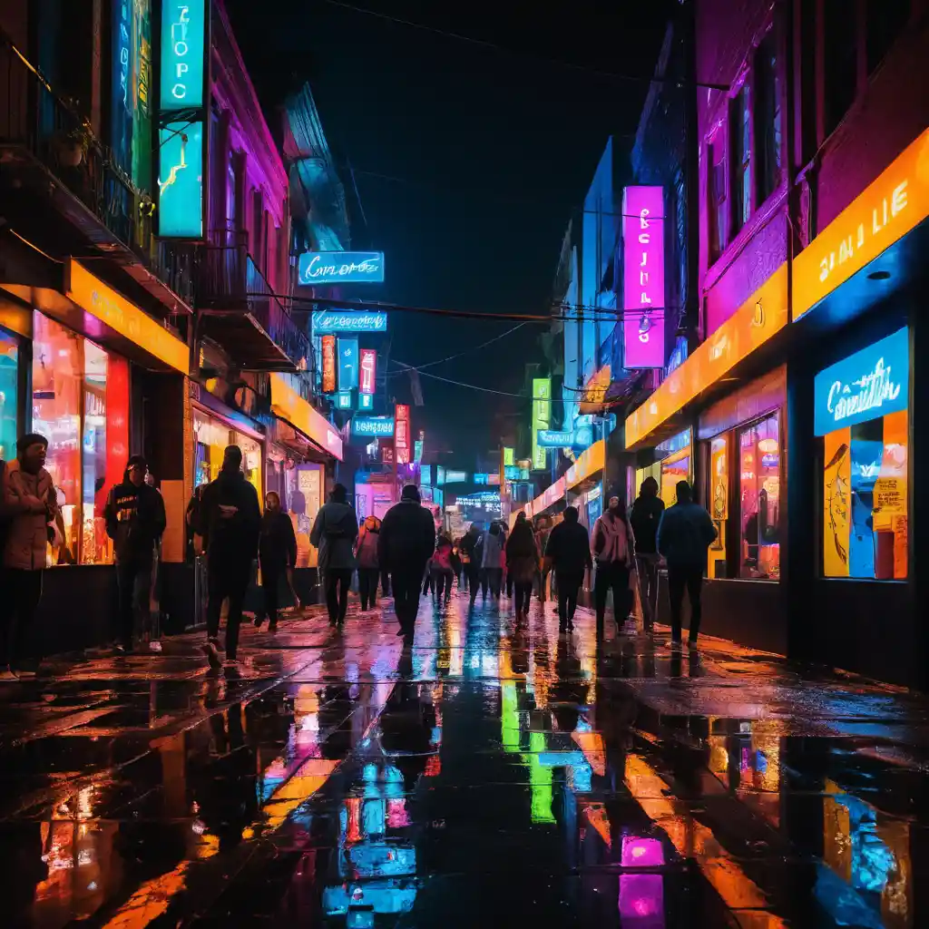 Neonreflexionen erhellen eine belebte Straße bei Nacht