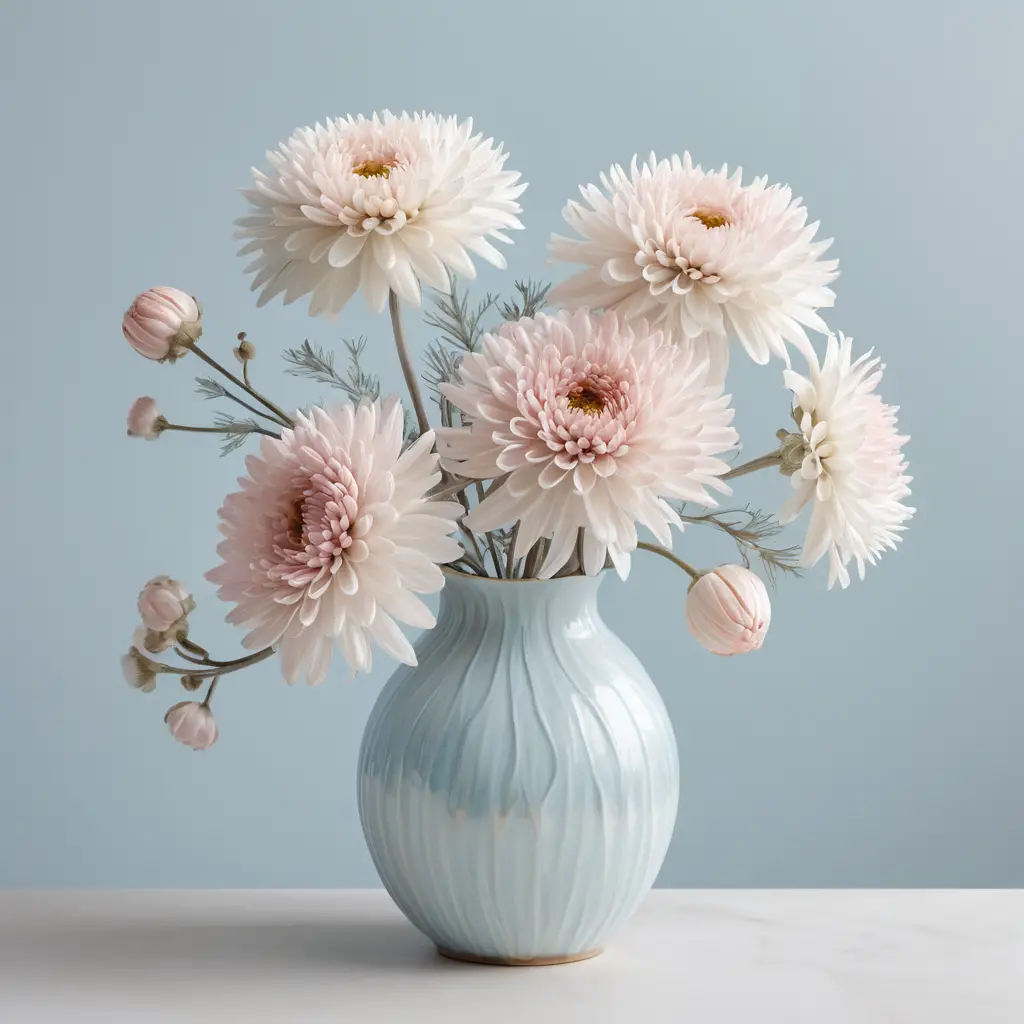 Pastellfarbene Chrysanthemen blühen in einer perlmuttglänzenden Muschelvase