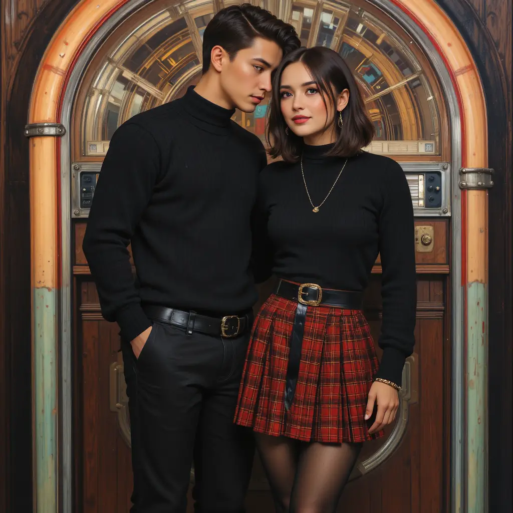 A young couple stands together before a jukebox in a painting