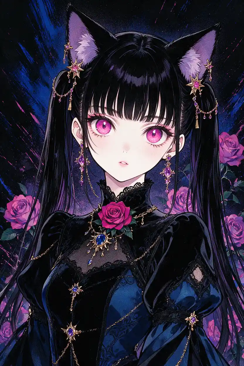 Garota de anime gótica com orelhas de gato e olhos magenta luminosos
