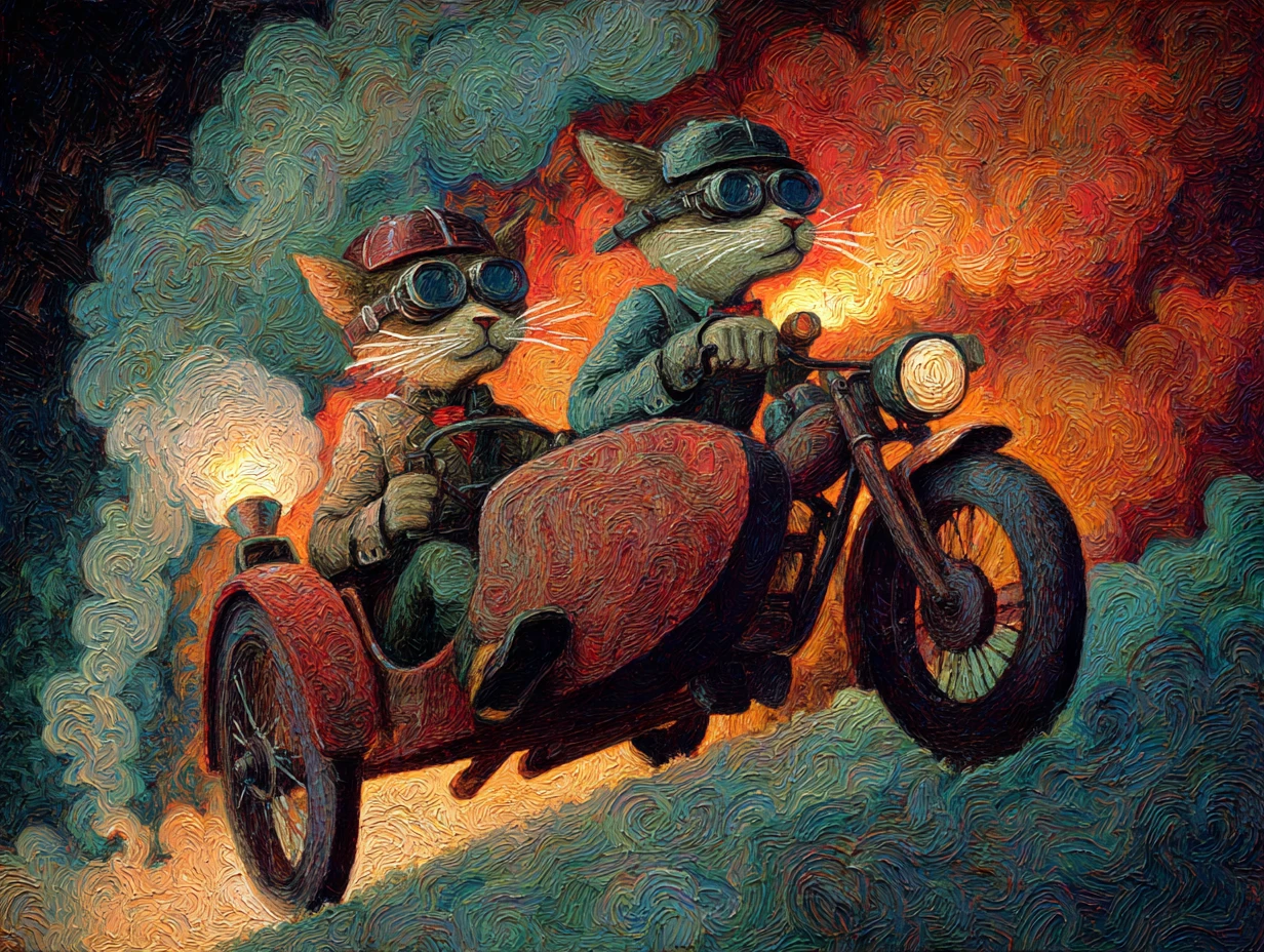 Zwei anthropomorphe Katzen rasen auf einem Motorrad mit Beiwagen durch die Straßen