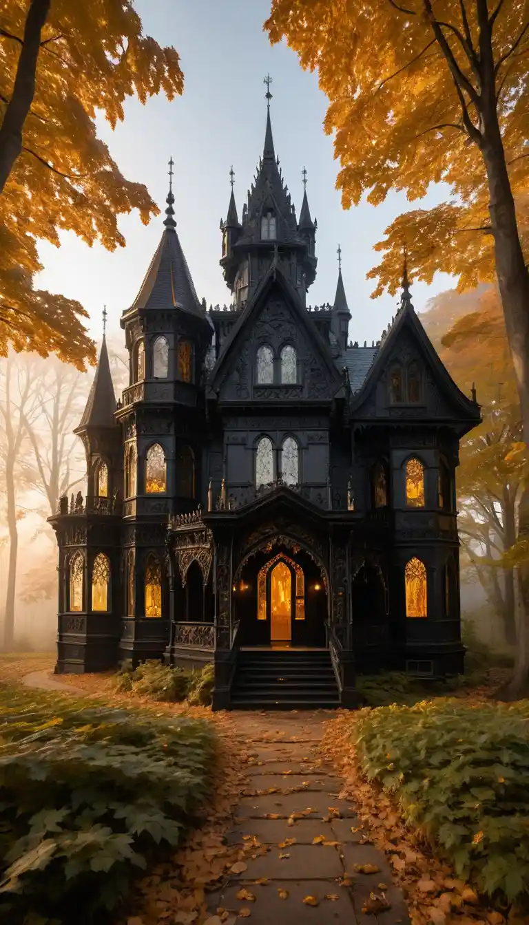 Un château gothique se dresse dans une forêt dorée d'érables au lever du soleil