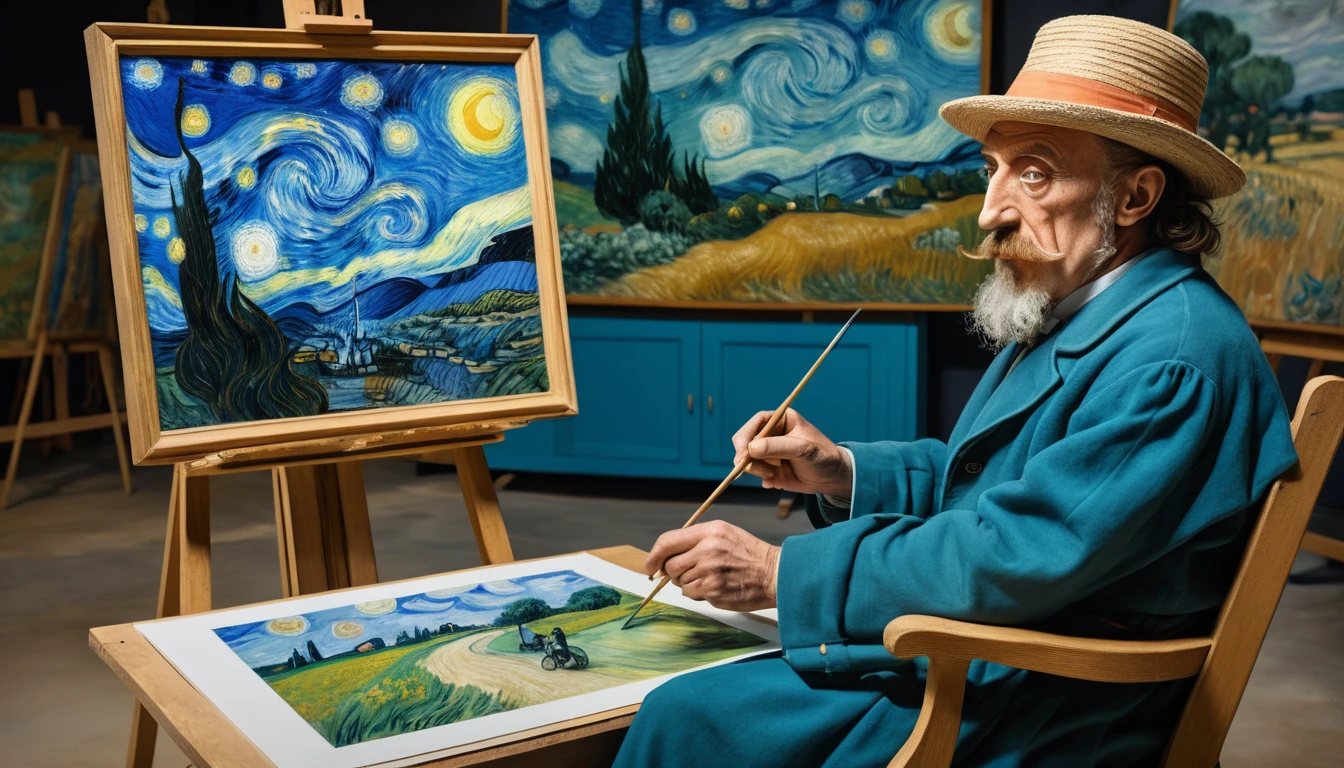 Painters create portraits in an open-air studio across a dreamlike landscape