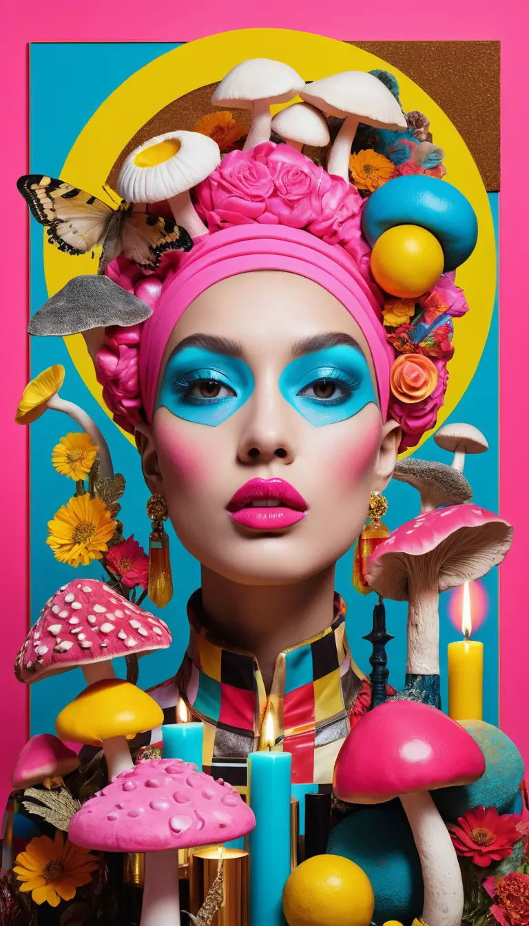 Ein bunt geschminktes Gesicht im Mittelpunkt einer surrealen Pop-Art-Collage