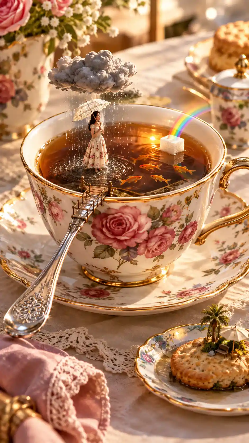 An enormous rose-patterned teacup sits on an elegant breakfast table