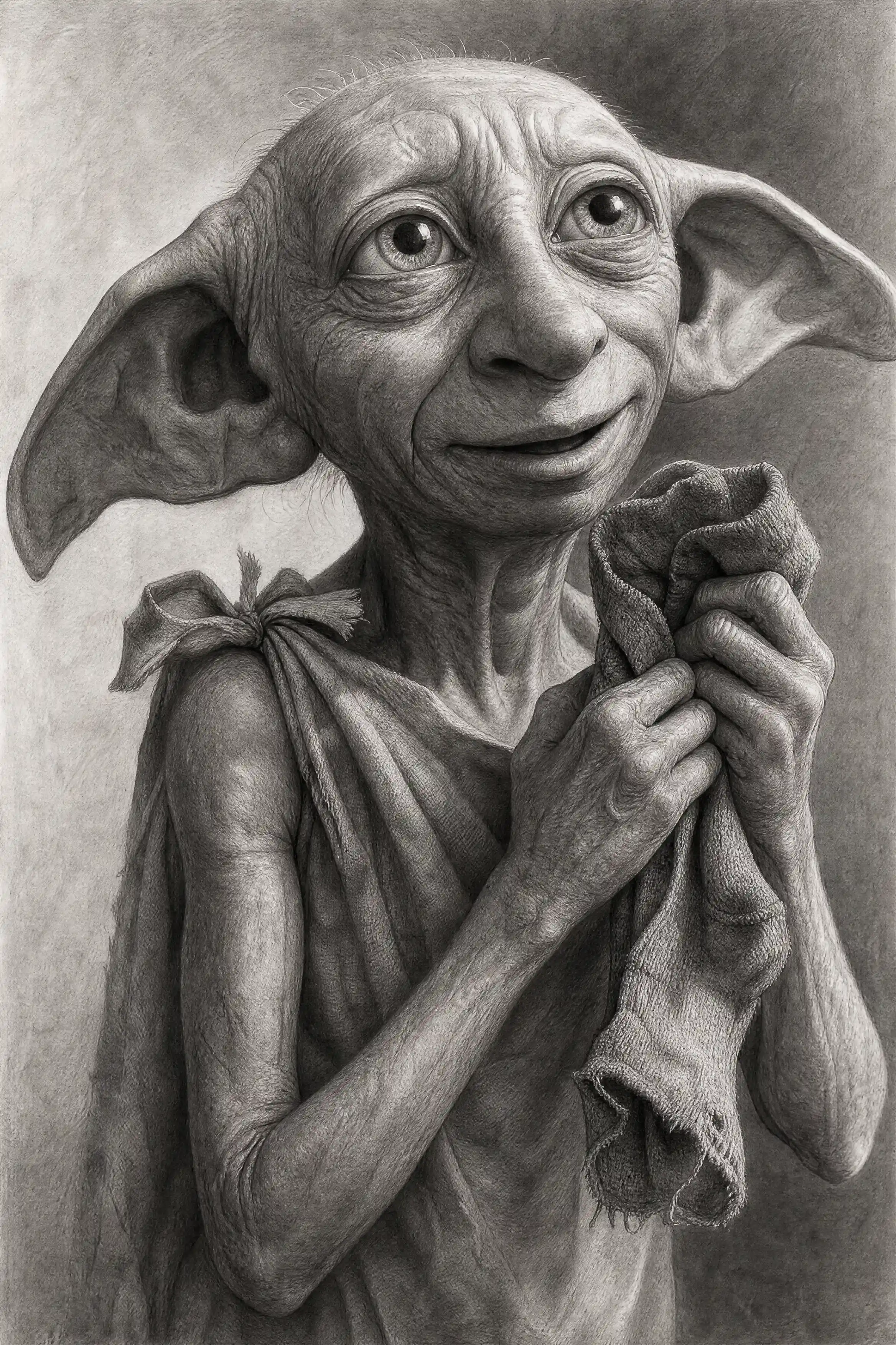 A close-up pencil portrait of a joyful house elf holding a worn sock
