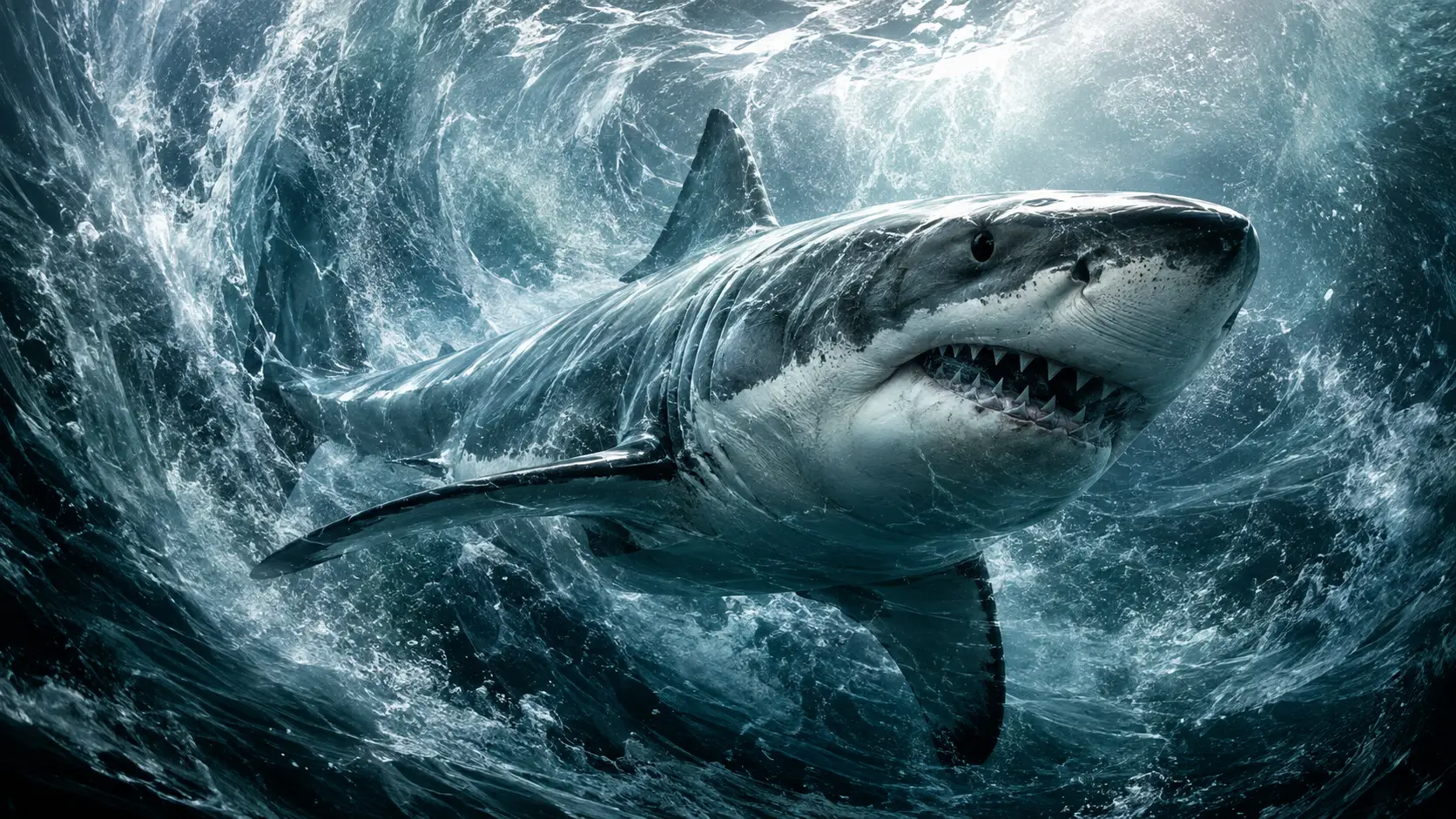 A great white shark swims through stormy waters off South Africa’s Cape
